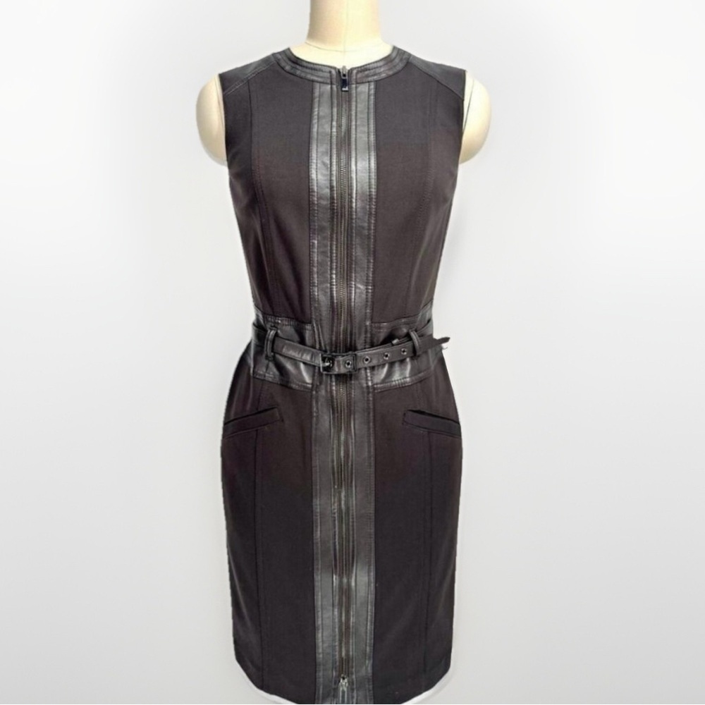 New W By WORTH Dress Brown 4 Or Small Front Zip Faux Leather Trim Work Career